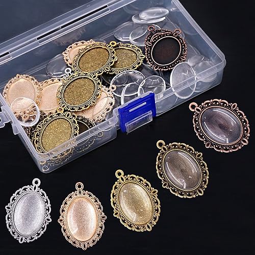 Miniatura 7 de Glarks Juego de 70 colgantes ovalados, 35 bandejas colgantes de 5 colores y 35 piezas de azulejos de cúpula de cabujón de vidrio brillante para