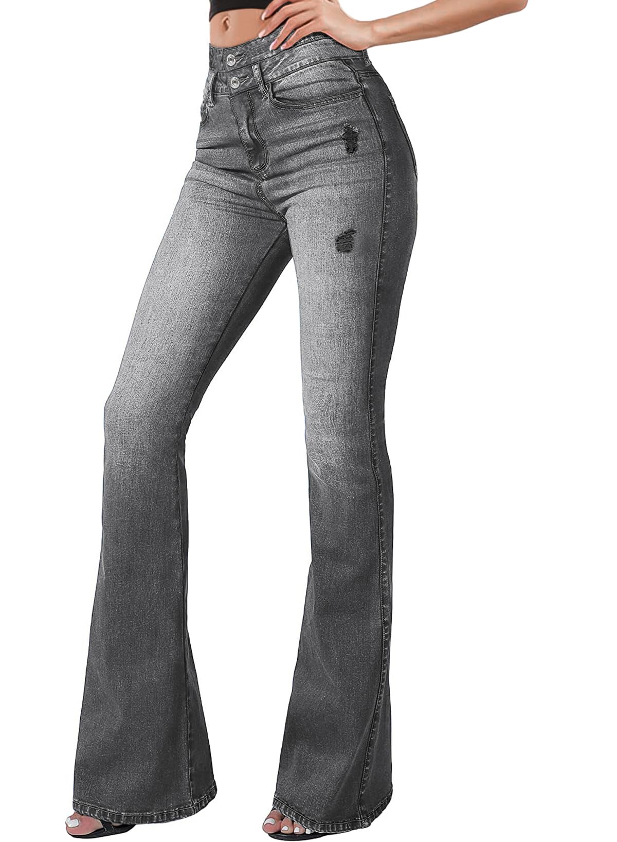 Women High Waisted Destroyed Flared Jeans Bell Bottom Denim Pants