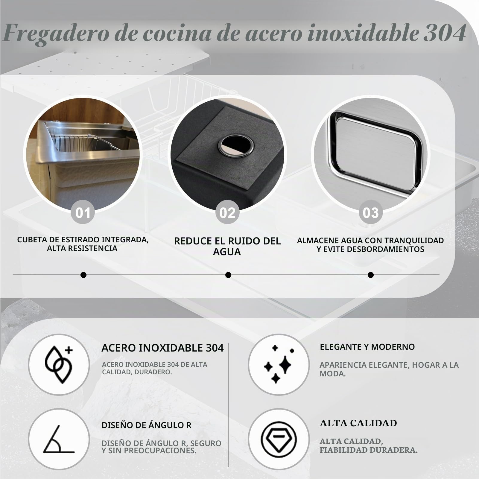 60x50cm Fregadero Cocina 1 Seno, Grande Acero Inoxidable 50cm de ancho Fregadero sobre Encimera, Cuadrado Fregaderos Un Seno con 3 agujeros, Sifón, Dispensador de Jabón y Juego de Desagüe