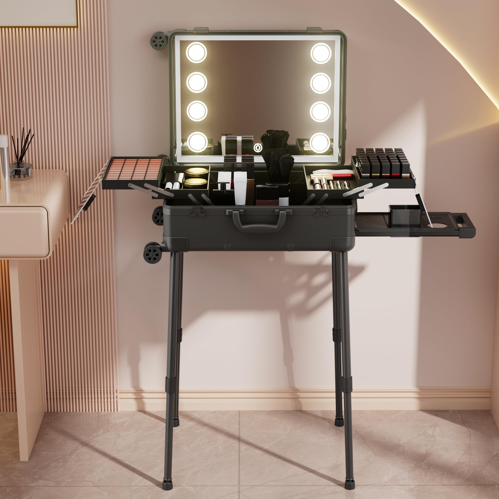 Valigetta Trucco con Rotelle in Alluminio, Grande Specchio con Illuminazione a LED, Organizzazione Cosmetici con Serratura a Combinazione, Stazione Trucco Pieghevole per Studio e Viaggio, Nera