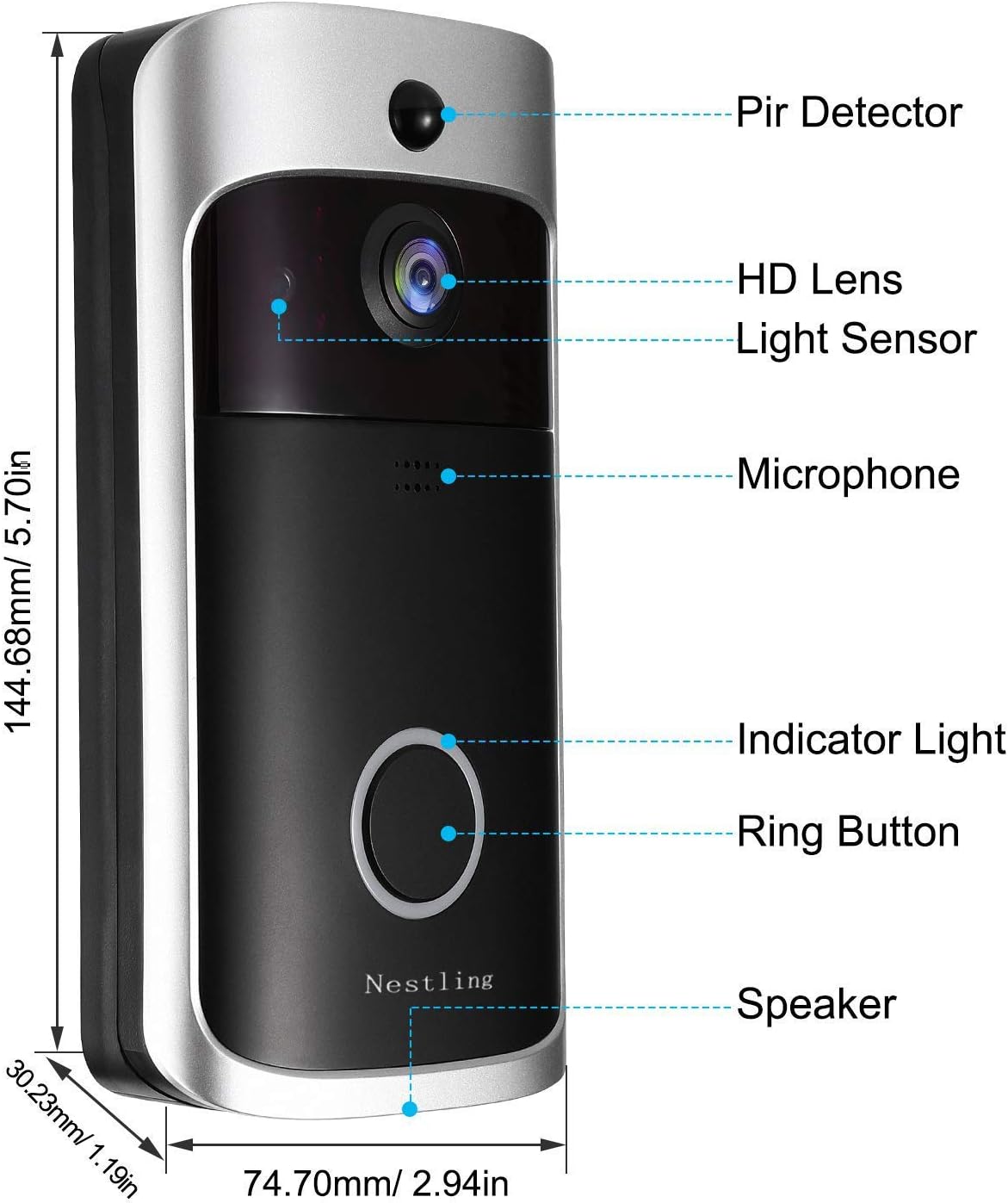 Nestlingยฎ Wi-Fi Video Doorbell, 720P HD Smart Doorbell with 16G Card 166ยฐ Wide Angle Door View Security Camera, Two-Way Audio Talk, Motion Detection, Night Vision, App Remote Control for iOS/Android