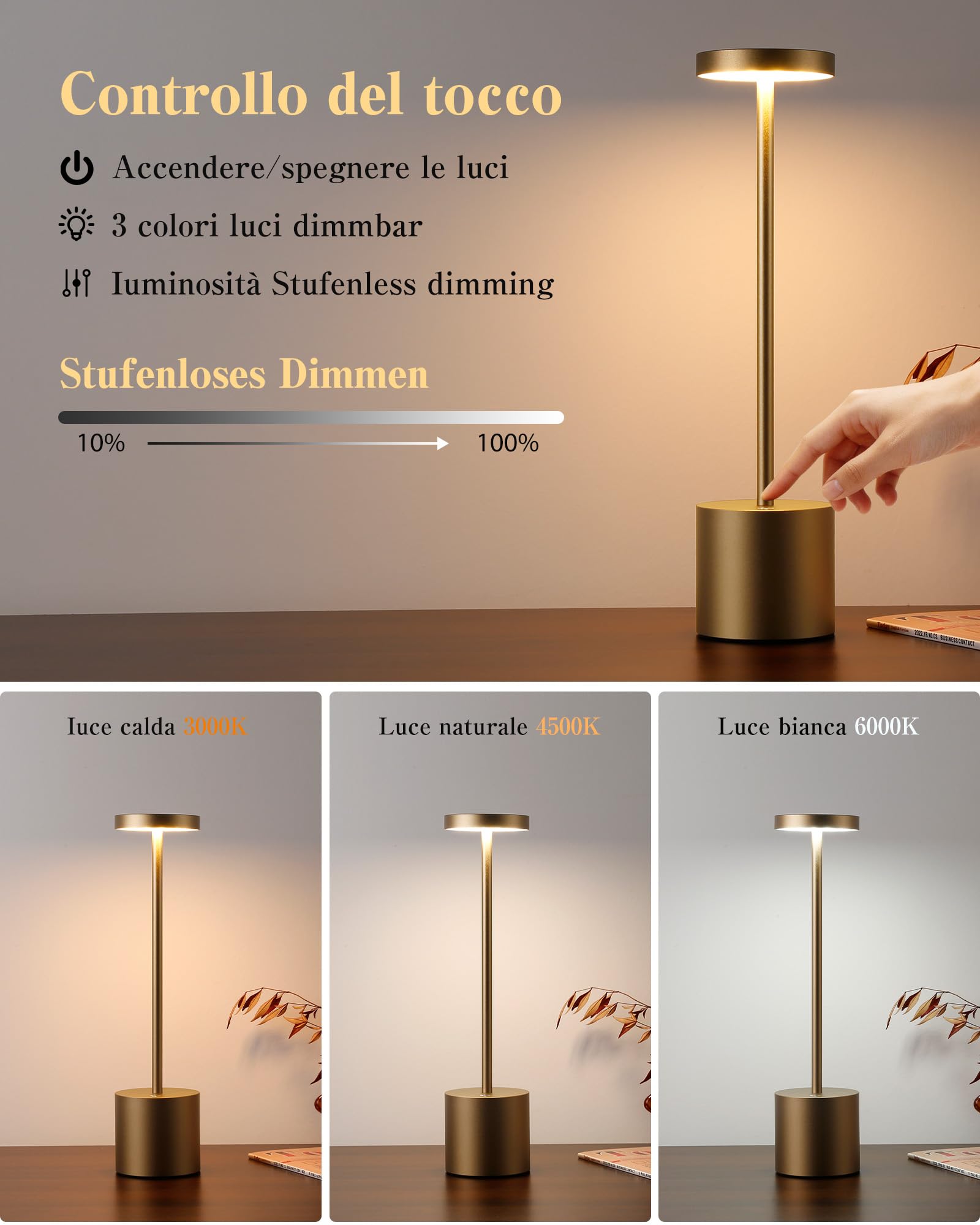 Lampada da Tavolo Senza Fili Ricaricabile per Esterno, Interni (2 Titanium) | lampade a led da tavolo ricaricabili, 6000 mAh batteria, luce dimmerabile, 3 modalità di colore, per sala da pranzo