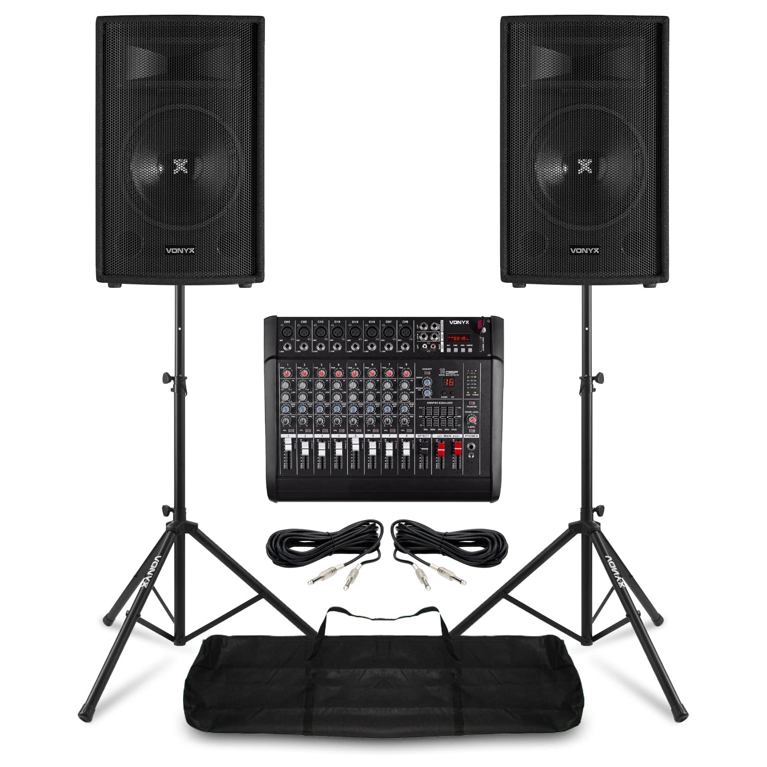 Vonyx Live Band PA System Package - 15" Passive PA Speakers, AM8A 8-Channel Powered Mixer Amplifier with DSP Effects, Bluetooth & Stands for Bands and Singers