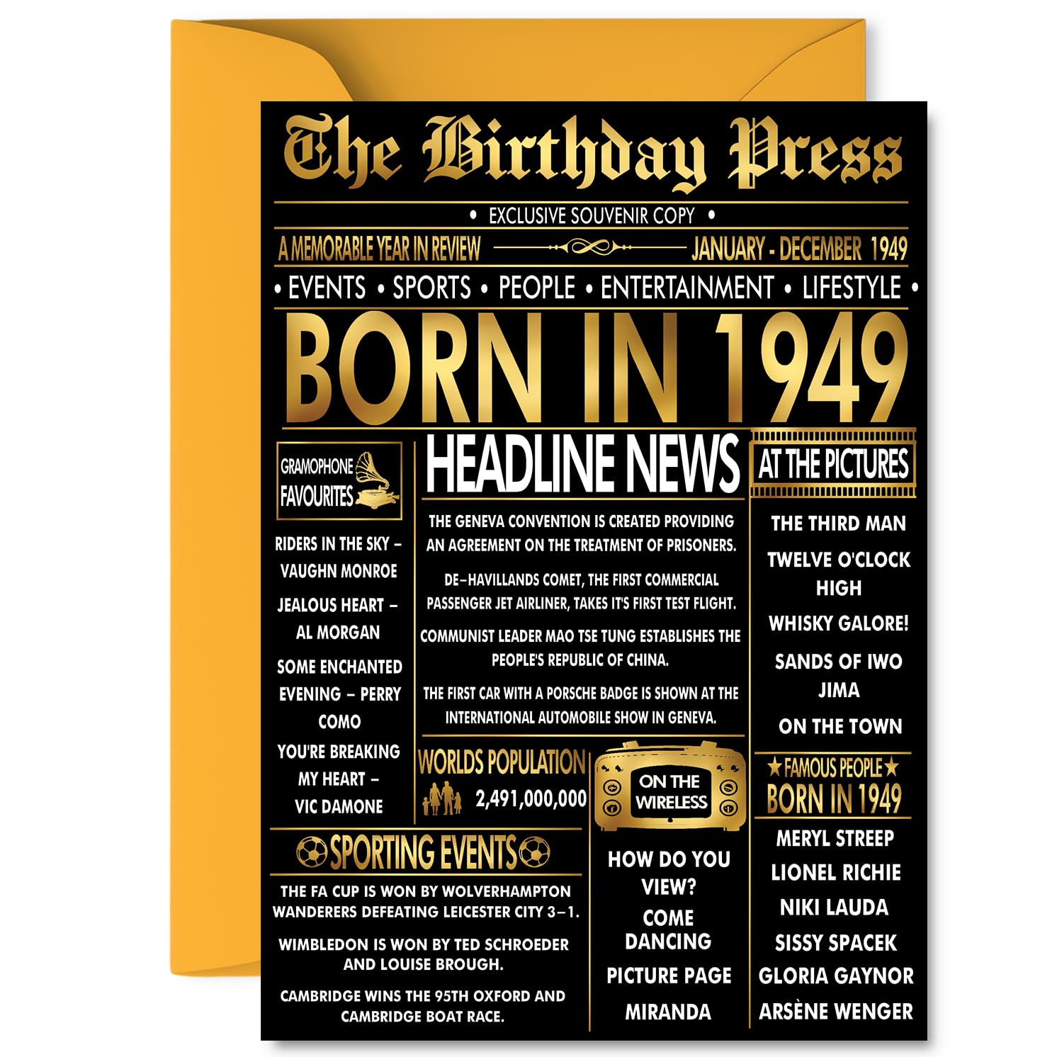 Gold 77th Birthday Card for Men Women - Black & Golden Newspaper Born in 1949 - Happy 77 Birthday Cards for Dad Brother Sister Grandma Auntie Nan, A5 Bday Greeting Cards