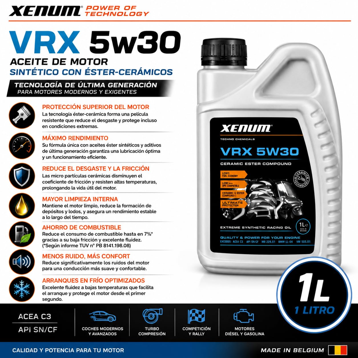 Xenum VRX 5W30 1L – Aceite de Motor Sintético con Tecnología Éster-Cerámica, ACEA C3, API SN/CF, Protección Avanzada, Reduce Fricción, Ahorra Combustible y Mejora Arranque en Frío