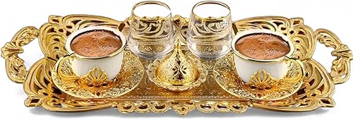 LaModaHome Taza de café espresso dorada con platillo, bandeja de vidrio de agua y cuenco de delicias para 1 persona, juego de café turco árabe