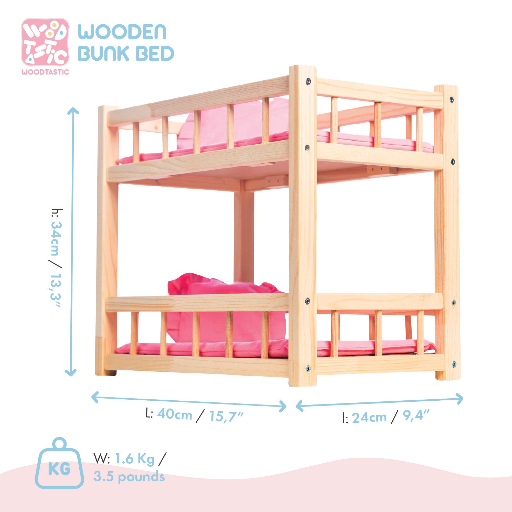 Cama Litera de Madera para Muñecas - Cama para Muñecas hasta 36 cm - Juego Creativo con Muebles de Muñeca