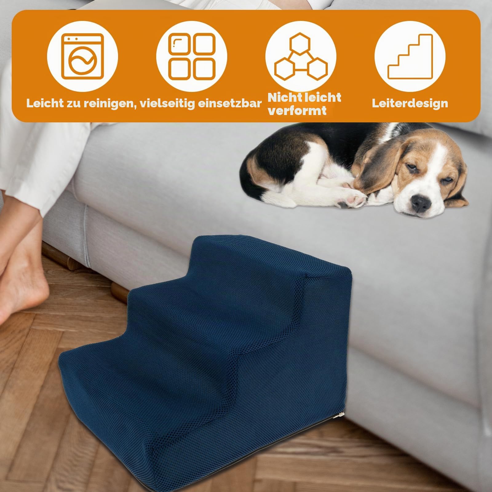 Haustiertreppe Hundetreppe 27cm 3 Stufen rutschfest mit Waschbarem 3D Cord Bezug, Hundetreppe für Kleine Hunde Hochwertige Schwamm, Hunderampe Katzentreppe, für Betten Sofas Autos