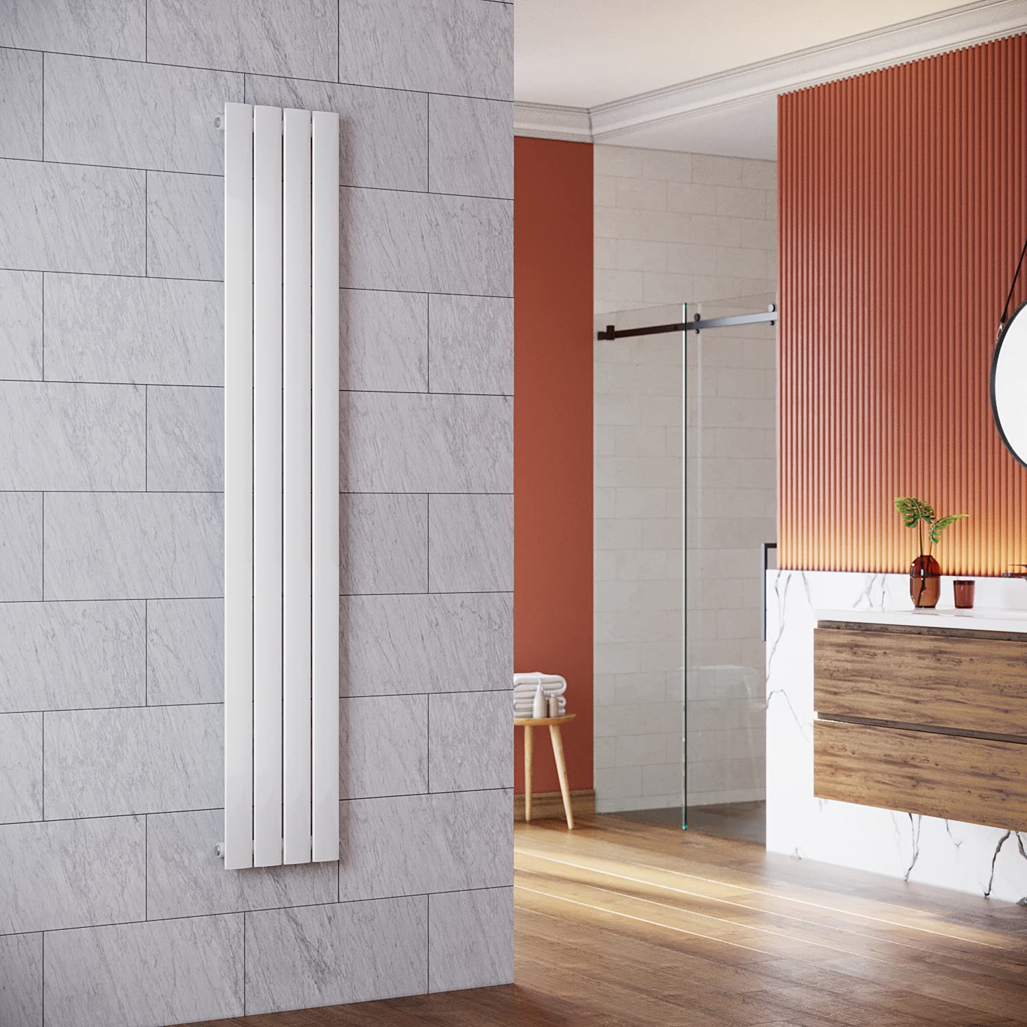 SONNI radiatore termoarreto a parete 1800 x 311 x 48 mm, termosifone a soggiorno potenza 536 W, radiatore verticare strato singolo da bagno, connessioni centrali G 1/2" - Bianco