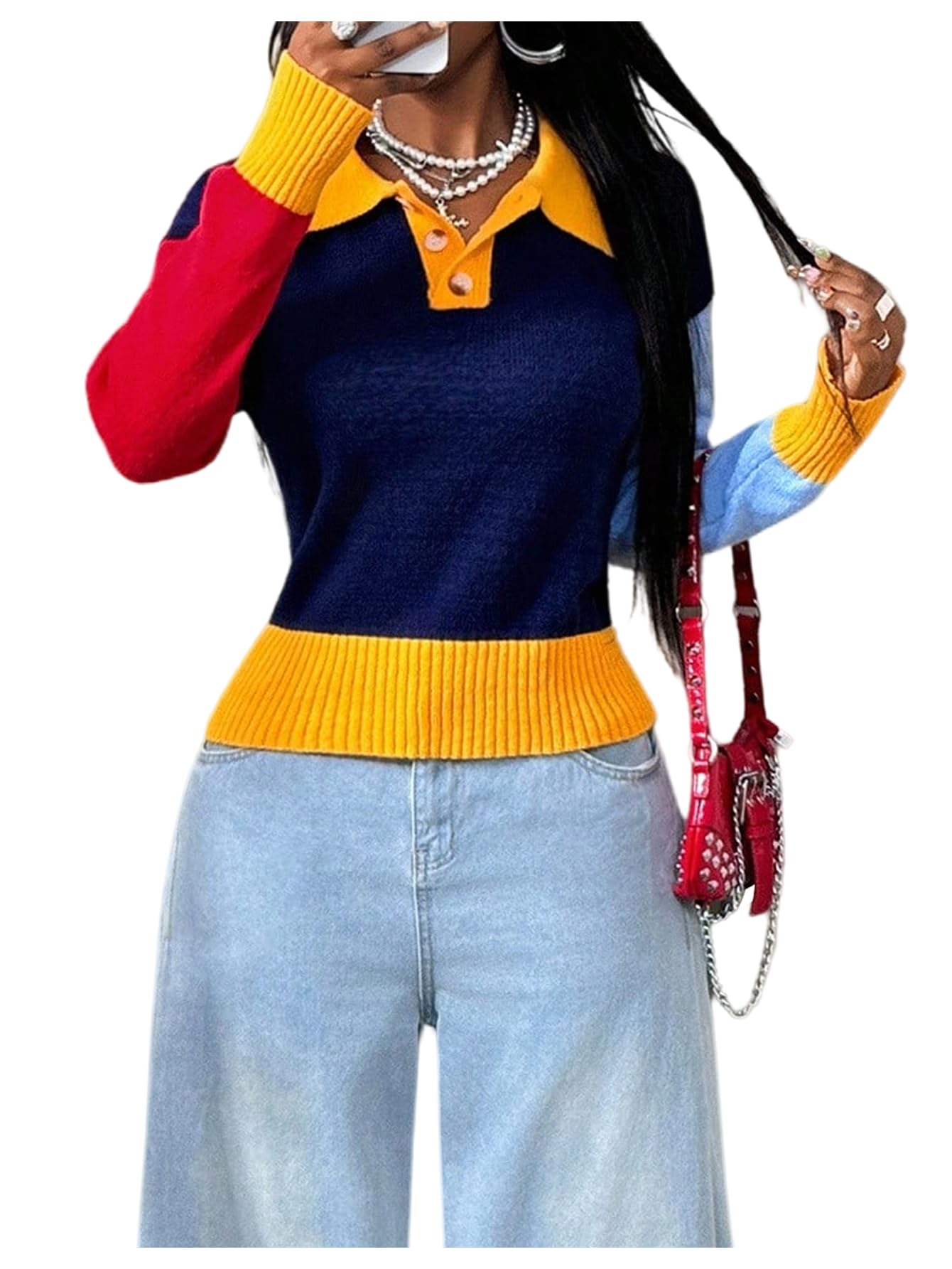 GORGLITTER Womens Color Block Collared Sweaters Long Sleeve Cozy Knit Fall Tops Trendy
