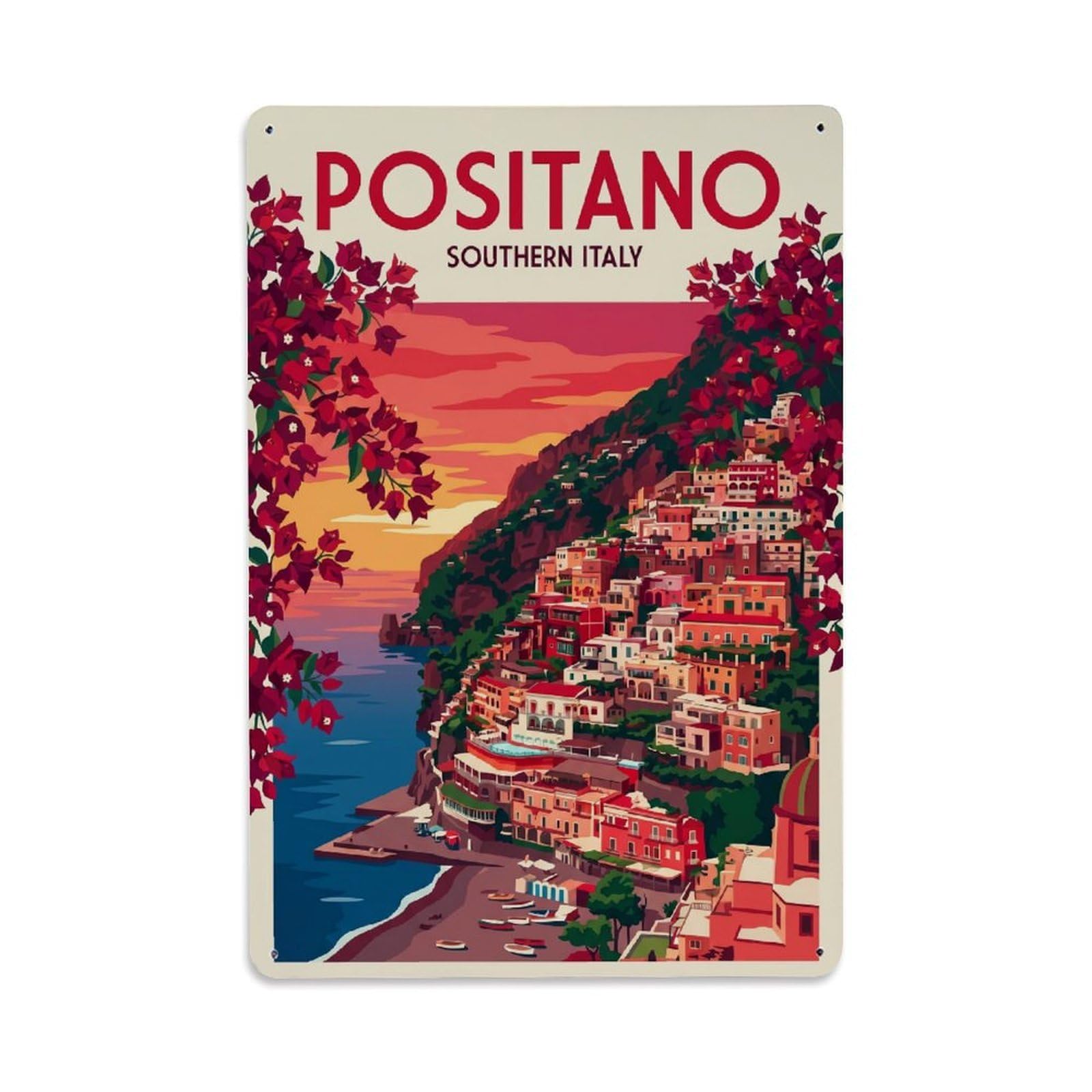 Vintage Travel Positano Italy Ruby Metal Tin Sign Plaque Wall Decor for Cafe, Club Bar, Office, Garden Metal Poster 8x12Inch