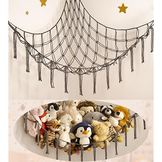 Stuffed Animals Hammock Net Corner-Hanging Stuff Animal Toy Storage Organizer for Plush Plushie Room Bedroom Nursery Decor Toy Storage Organization