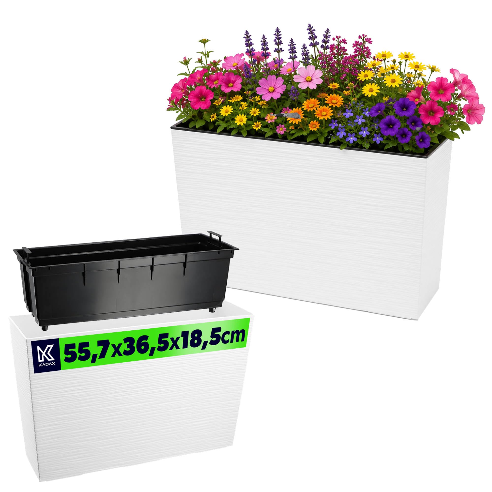 KADAX Flower Box in plastica, 18,5x55,7 cm, 5 colori, vaso di fiori con nastri di irrigazione, scatola di con inserto, gioco floreale (rettangolare, pattern graffi, bianco)