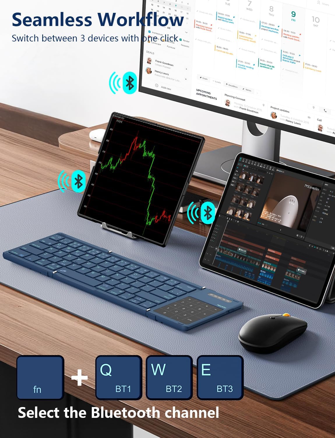 Nillkin Foldable Bluetooth Keyboard with Touchpad & Number Pad, Portable Bluetooth Keyboard with Full Size Keys, Pocket-Sized Wireless Travel Keyboards for iPad, Smartphone, Tablet and Laptop Blue