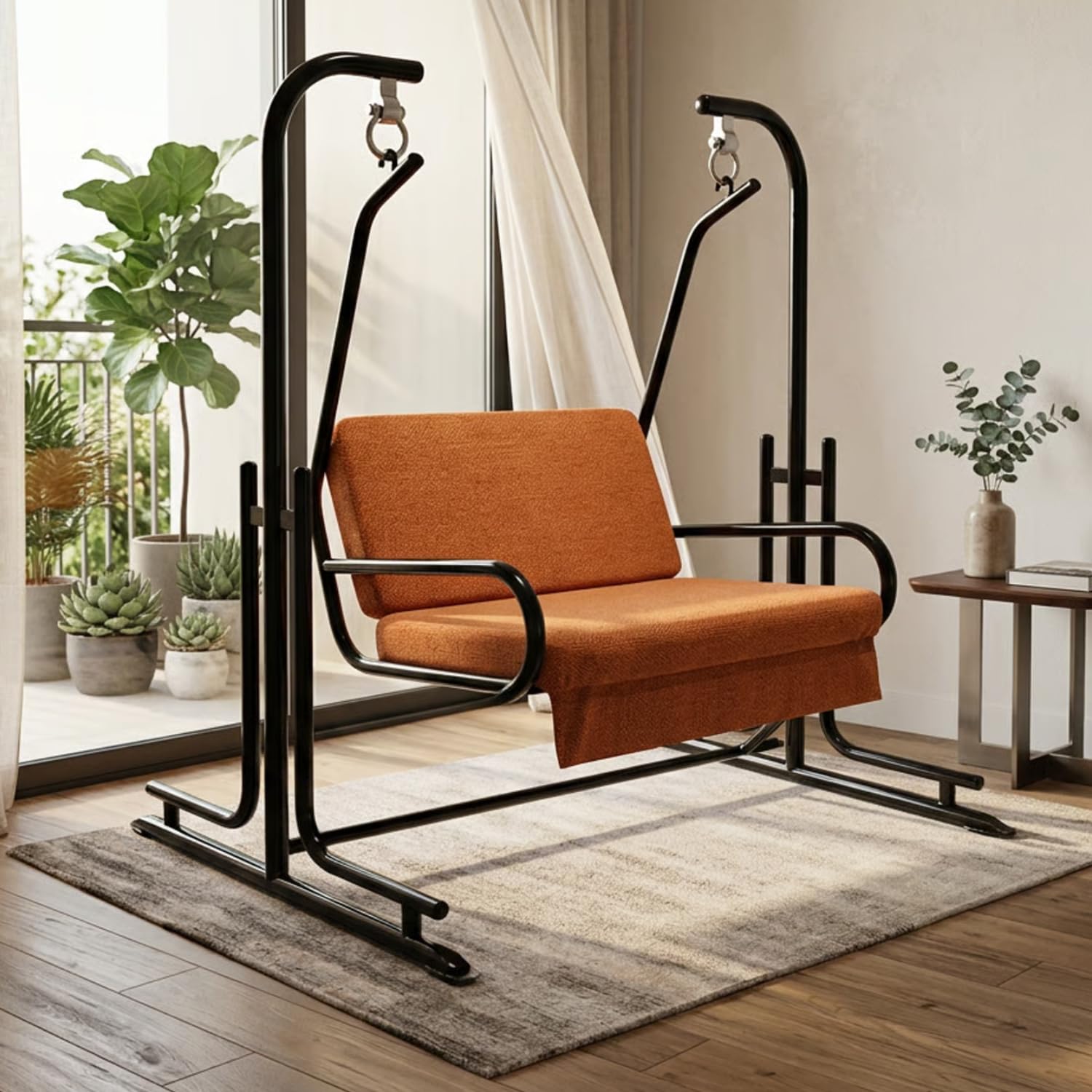 2-Seater Swing Chair with Iron Stand and Cushion - Indoor Swing Jhula for Adults, 250 Kg Capacity (Multicolor Cushion), 106.7 Centimeters-image-28