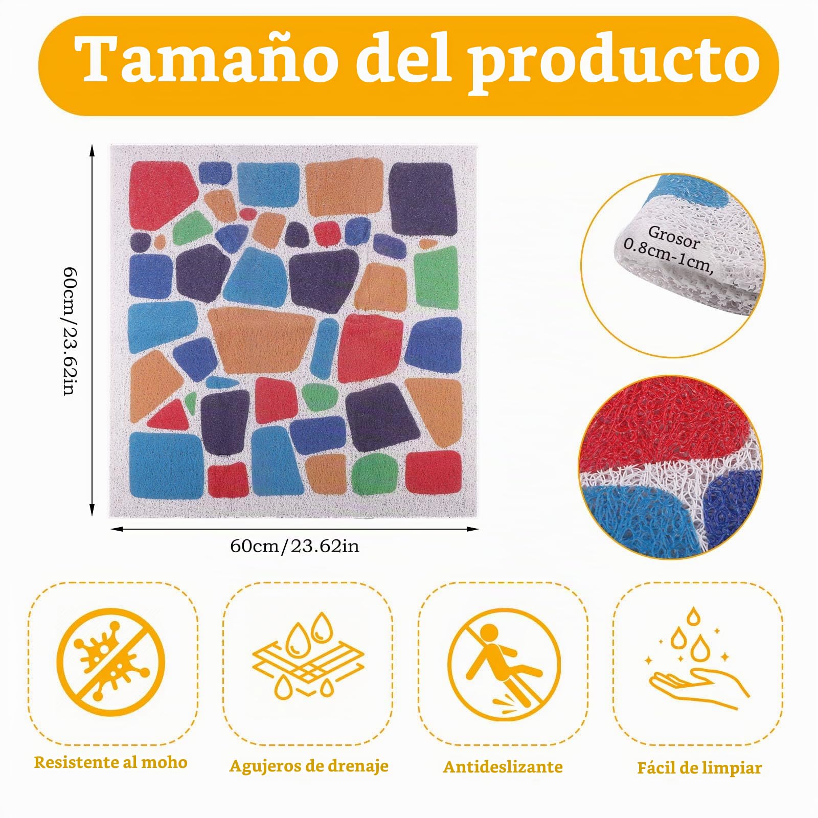 Alfombrilla de ducha antideslizante de 60 x 60 cm, de PVC suave, con orificios de drenaje, de secado rápido, alfombrilla de bañera para zonas húmedas, antideslizante, cómoda y duradera