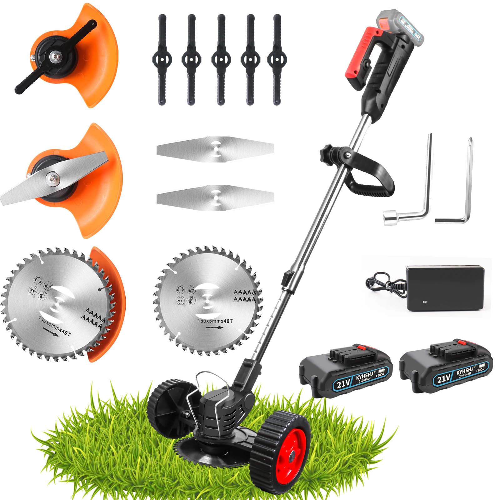 KYHSHJ Electric Weed Eater,21V Cordless Trimmer,with Adjustable Length & 3 Types Blades? is Suitable for Yard Lawn Trimming?2 Batteries with Wheels?