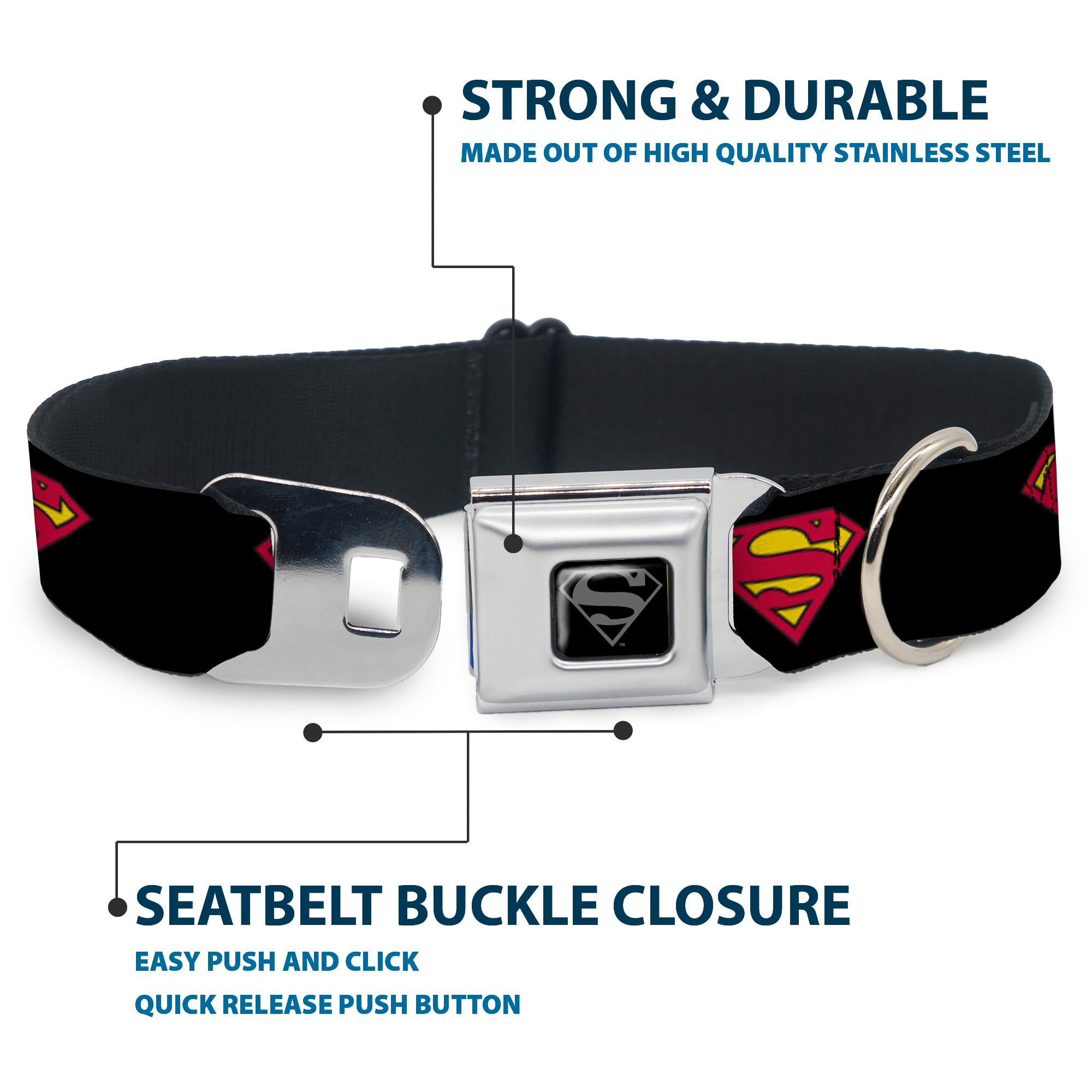Buckle-Down Klamra pasa bezpieczeństwa obroża dla psa - Superman Shield Black - 3,8 cm szerokości - pasuje do szyi 45-81 cm - L