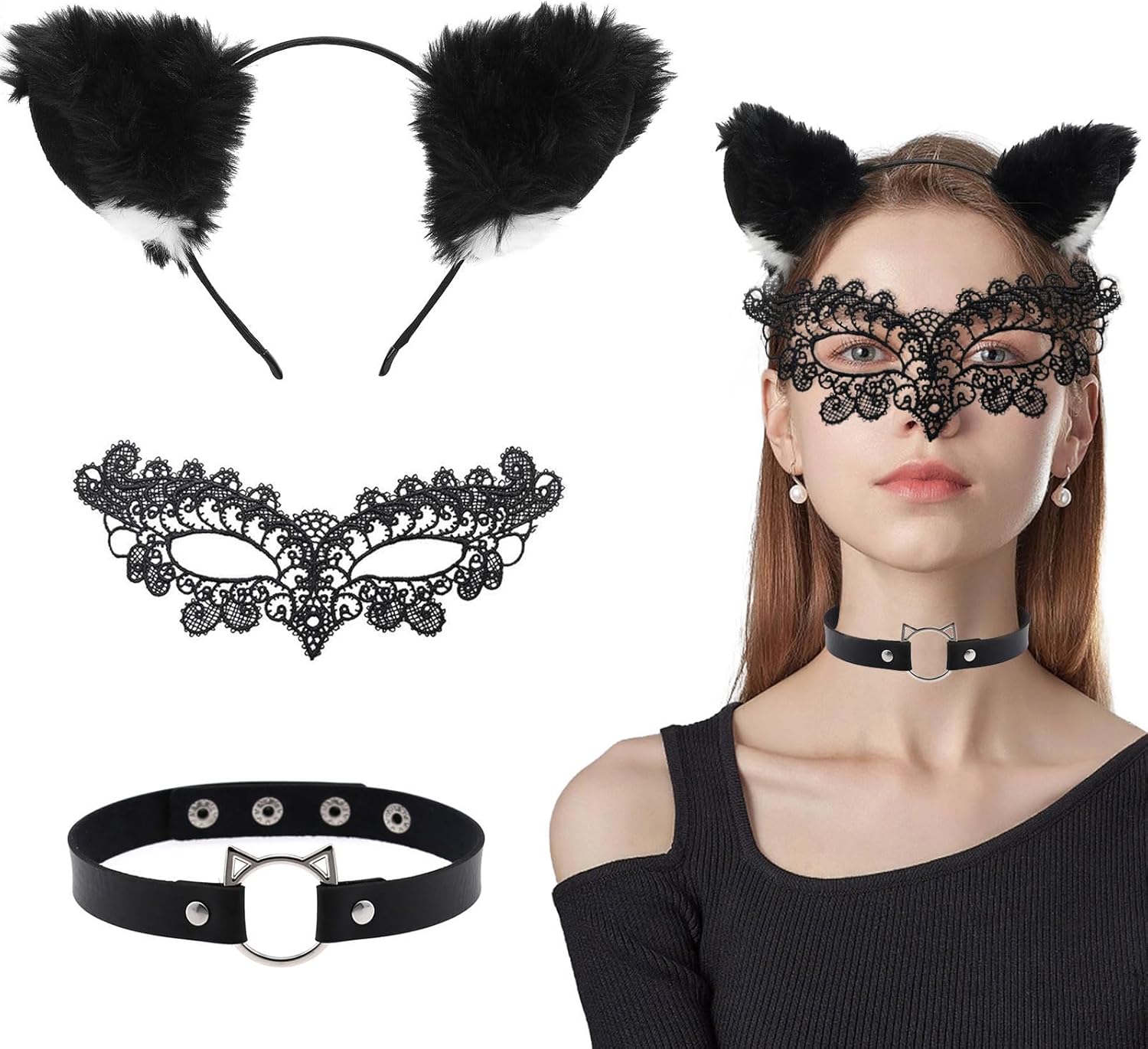 TOKUFAGU Cat Ears Headband with Cat Woman Mask Halloween