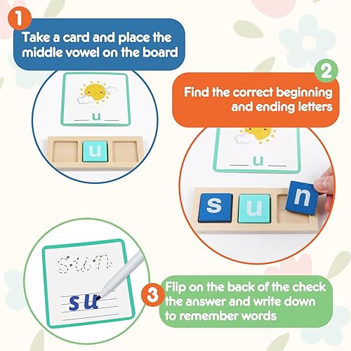 Miniatura 4 de Letras de lectura de madera CVC, juegos de ortografía de palabras cortas vocales a la vista, tarjetas flash, actividades de aprendizaje preescolar,