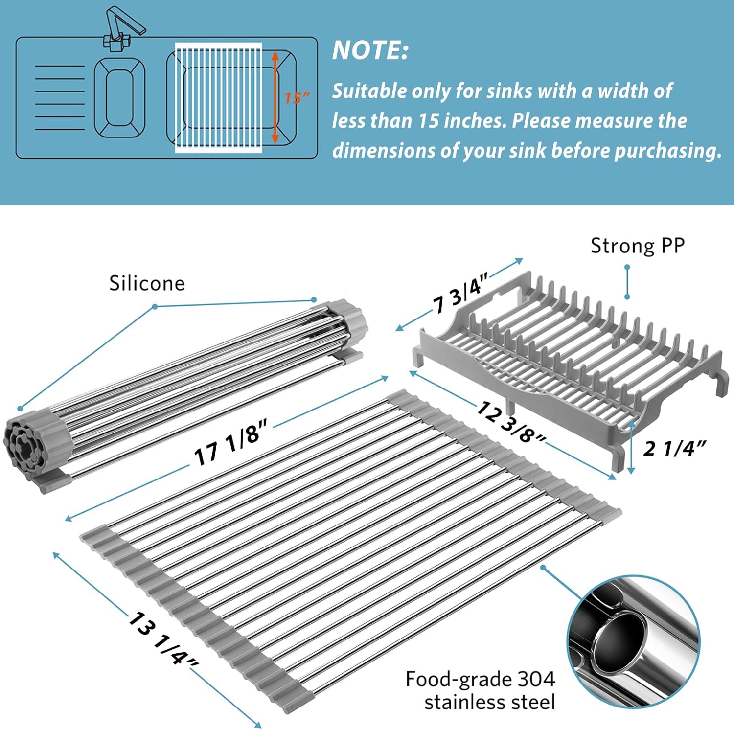 Upgraded Roll Up Dish Drying Rack(17.1” x 13.1”) Over Sink Dish Drainer Foldable Stainless Steel Trivet for Kitchen Countertop