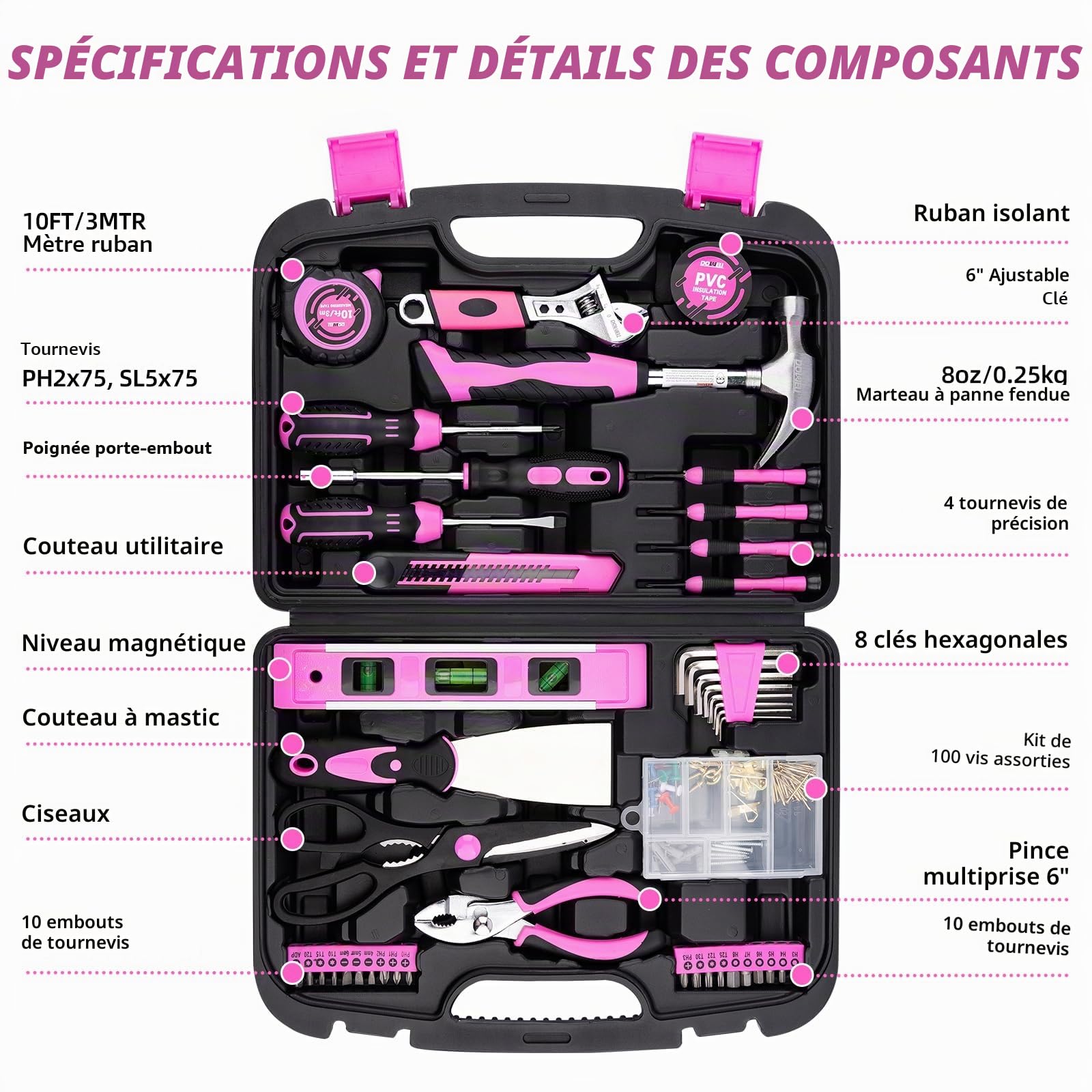 DOWELL Kit d'outils de réparation à domicile de 145 pièces avec boîte à outils - Ensemble complet d'outils à main ménagers comprenant marteau, pinces, tournevis et ruban de mesure pour femmes/hommes