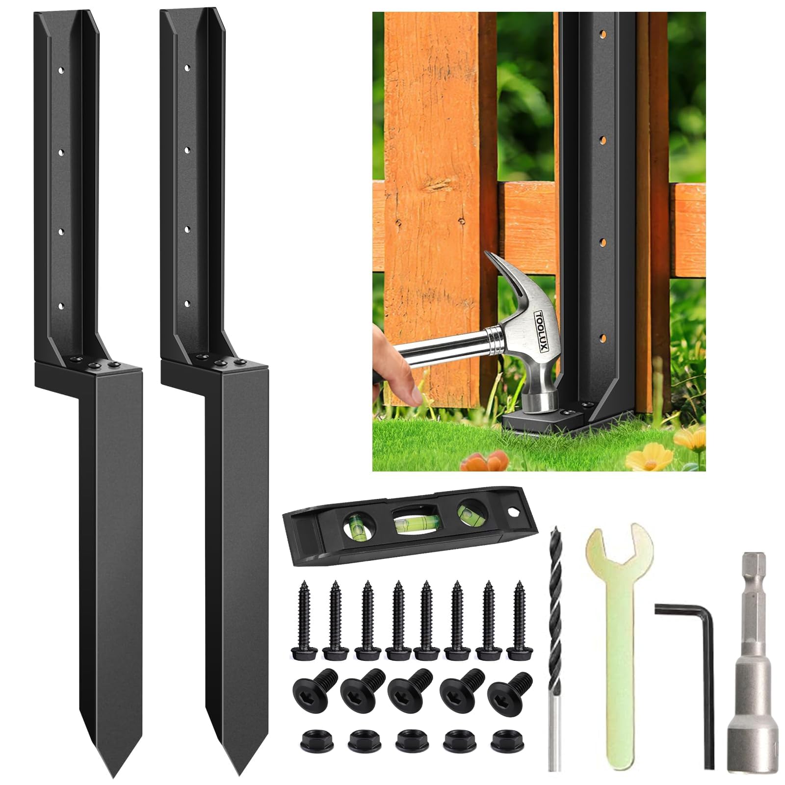 Heavy Duty Steel Fence Post Repair Stakes Kit 11-Gauge Steel Metal Fence Post Nails for Sturdy Reinforcement&Stability Anchor Stakes for Fixing Tilted, Broken or Leaning – Black(2 Pack)