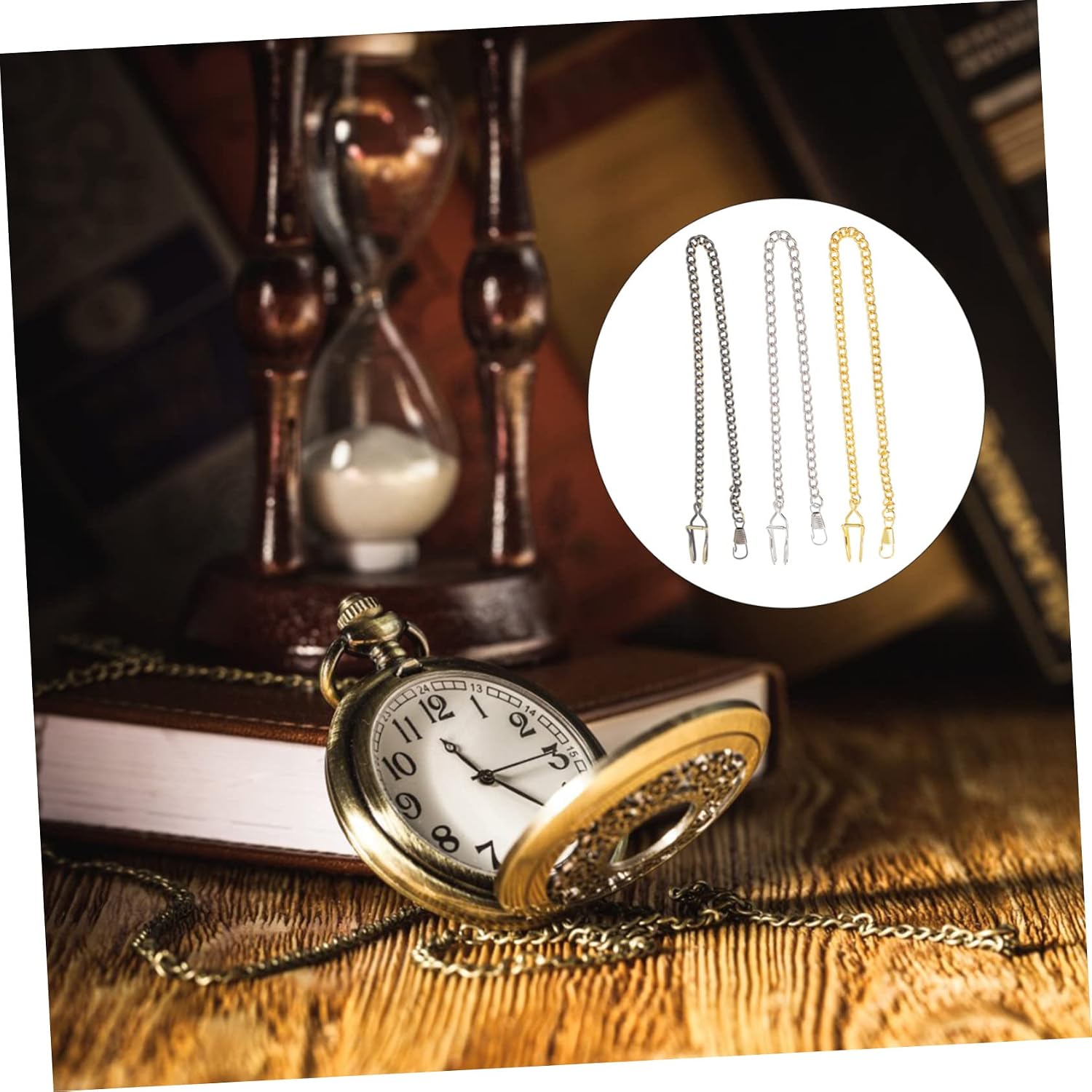3 Pcs Metal Pocket Watch Chains Hanging Vest and Jean Chain with Clasps for Men Women Silver Gold Bronze