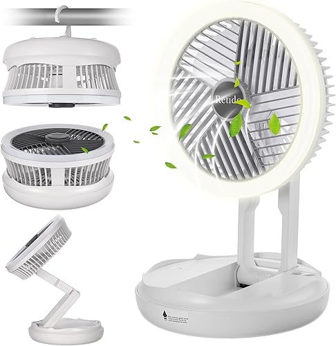 Ventilador portátil de 7 pulgadas, pequeño ventilador de escritorio con luz LED, 4 velocidades de viento y gancho, ventilador personal plegable y