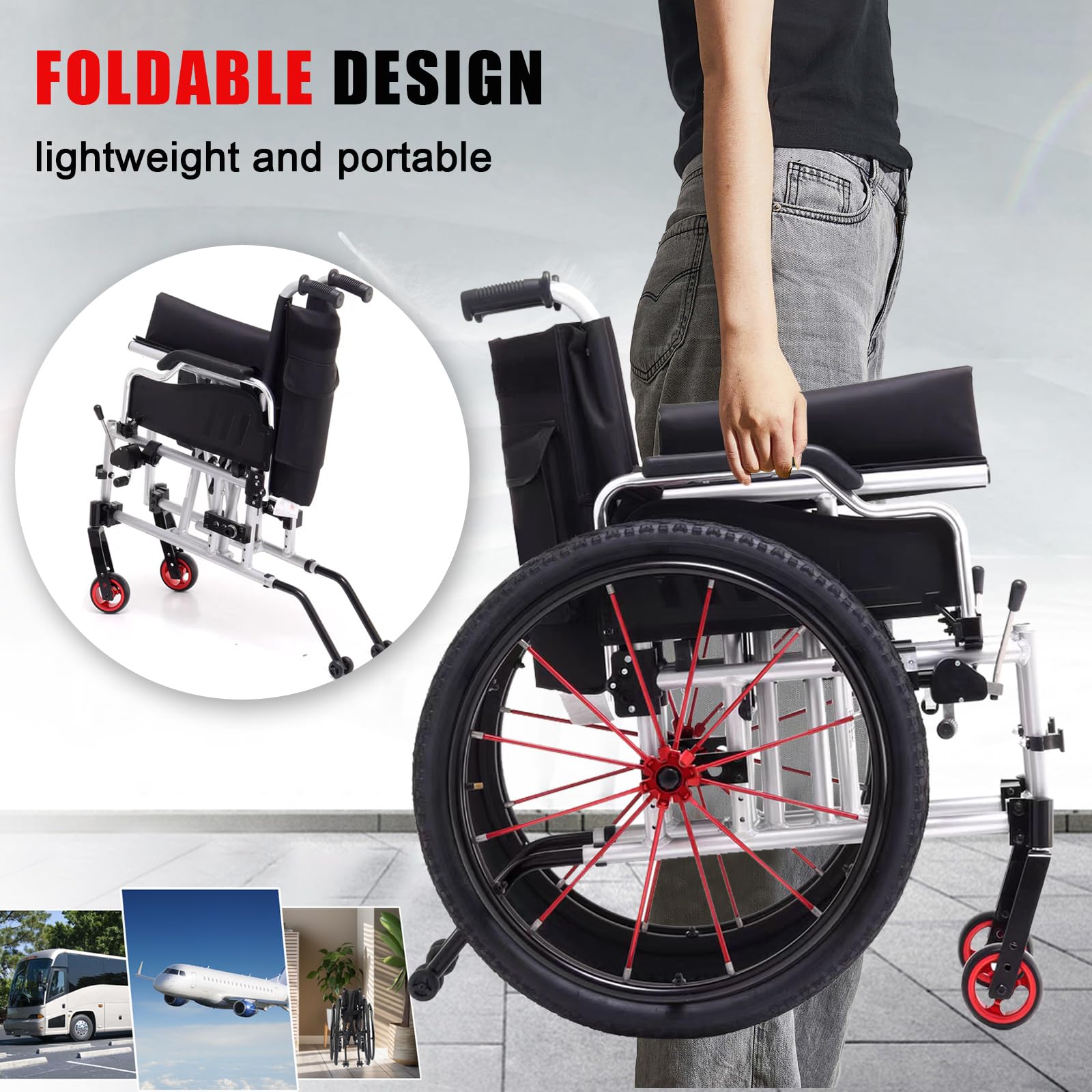 Silla de Ruedas Deportiva Manual Plegable,Ultraligera de Aleación de Aluminio,Transporte Fácil,Freno de mano, liberación rápida, Cinturón de seguridad,Altura regulable(62*101*90cm/24.4*39.7*35.4in)