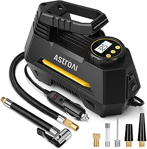 A portable, compact air compressor for inflating tires.