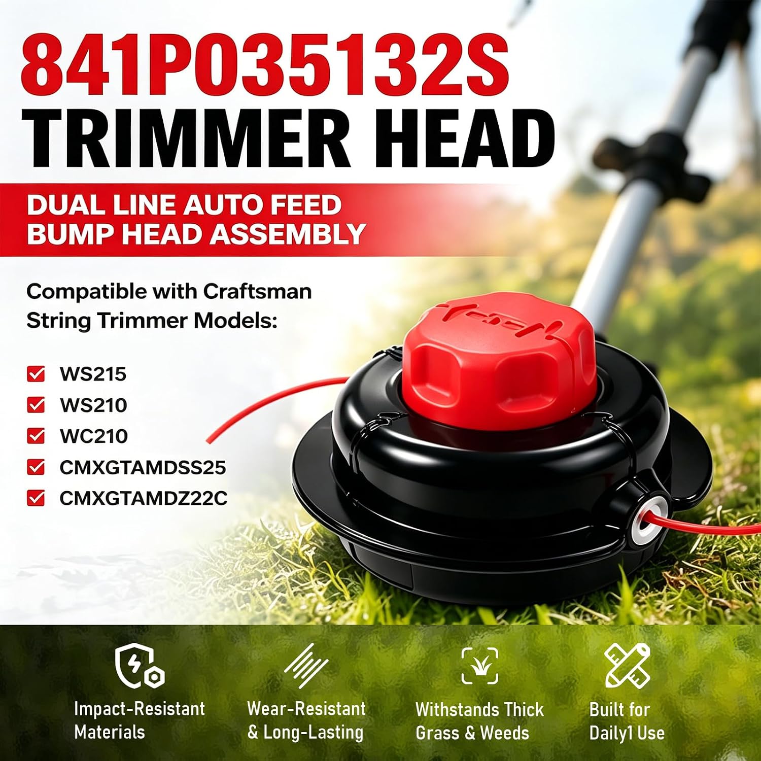841P035132S Trimmer Head Replacement for Craftsman WS215 WS210 WC210 CMXGTAMDSS25 CMXGTAMDZ22C String Trimmers, Dual Line Auto Feed Bump Head Assembly image 5