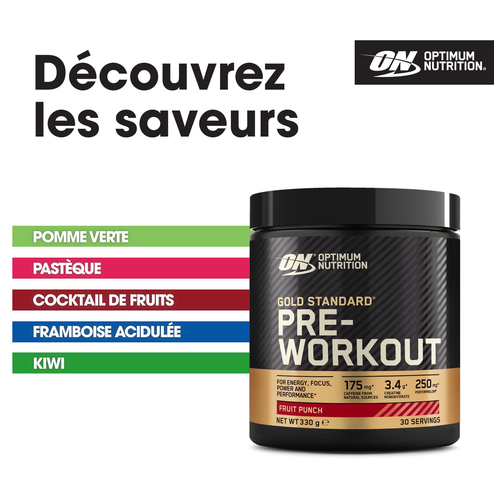 Optimum Nutrition Gold Standard Pre-Workout en Poudre, Boisson Énergétique Goût Fruit Punch, 330g, 30 Doses