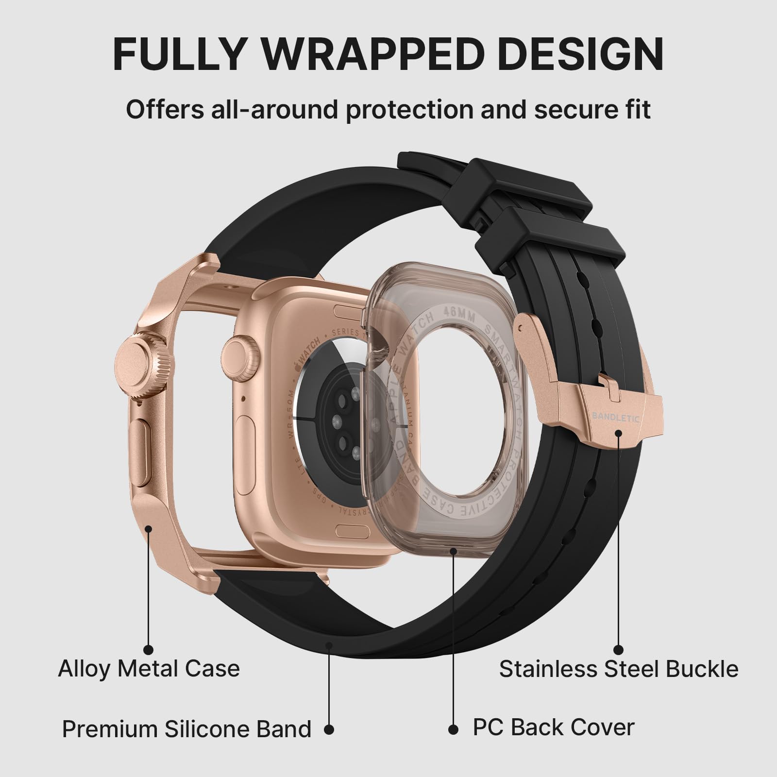 Bandletic Metallgehäuse Hülle mit Armband kompatibel mit Apple Watch 44mm SE3 SE2 SE 6 5 4, Robuste Sport Schutzhülle für iWatch Series 44mm, Silikon Ersatzarmbänder mit Metallgehäuse für Herren