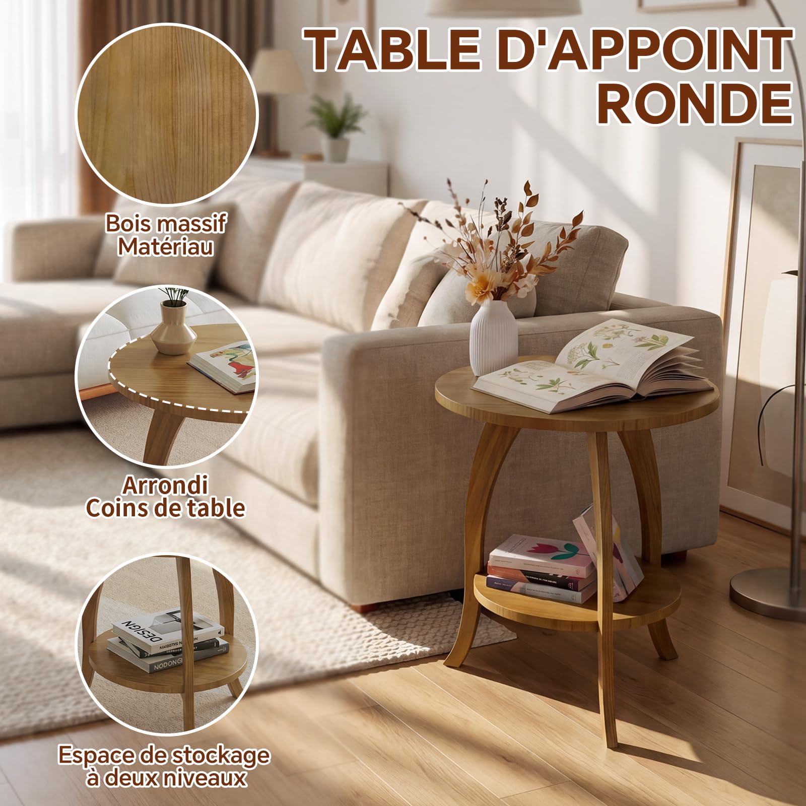 Table d'appoint ronde style rétro du milieu du siècle moderne en bois massif avec plateau de rangement, petite table d'appoint pour salon ou table de chevet, marron