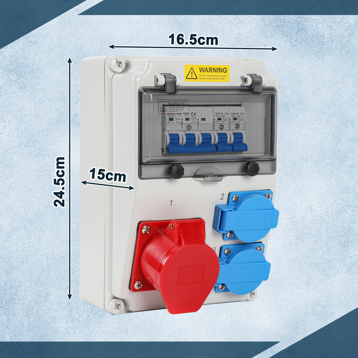 Distributore di corrente di costruzione, 1 x 16 A, 2 x 230 V, con LS, distributore per cantieri, presa CEE 16 A, per sistemi di distribuzione dell'alimentazione interna ed esterna