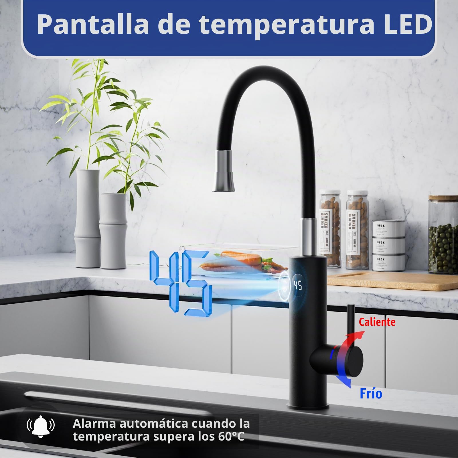 3200W Grifo Eléctrico con Calentador de Agua Instantáneo, Grifo de Cocina Eléctrico con Pantalla Digital LED y Manguera Flexible, 360° Rotación Grifo Agua Caliente Instantanea, Negro