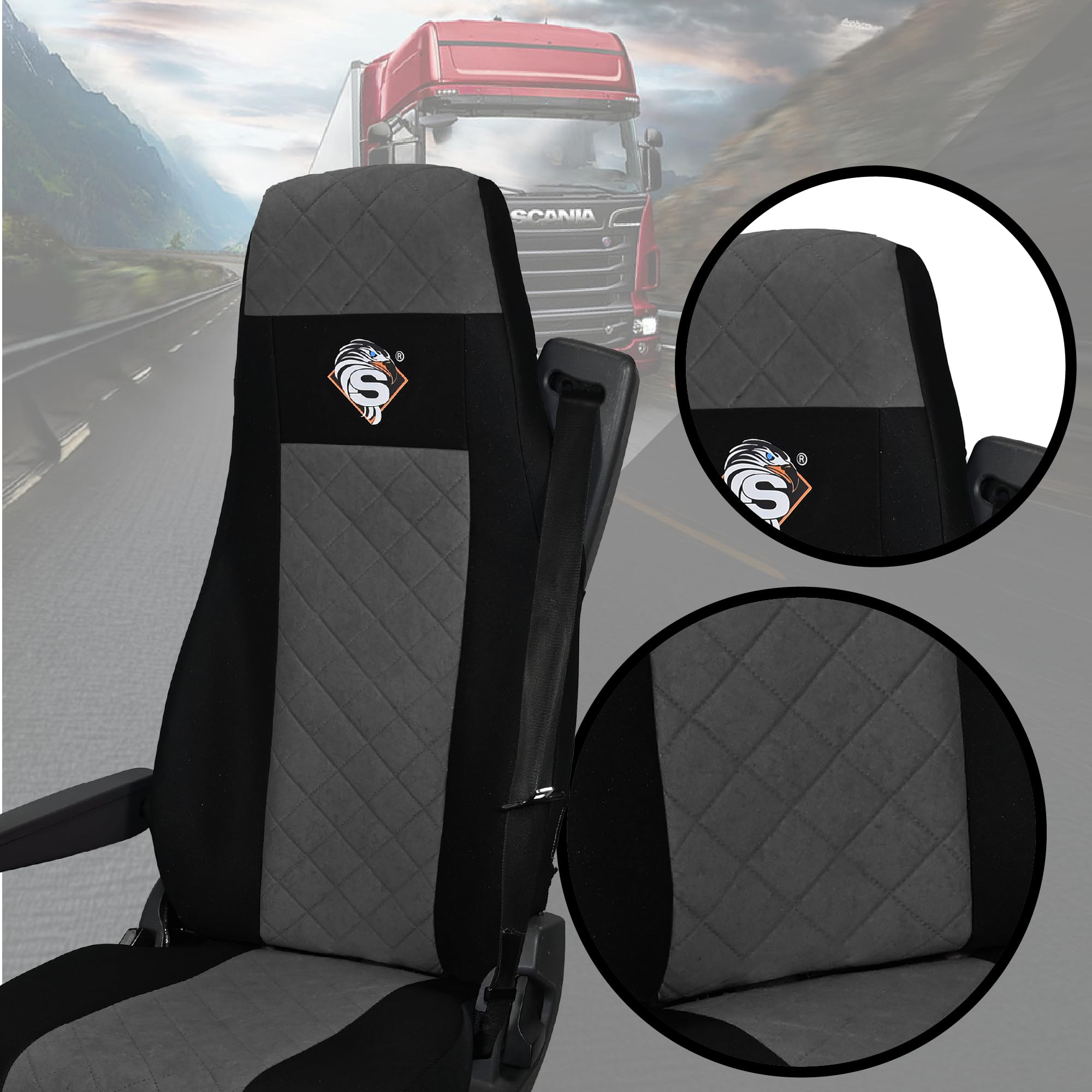 SABA Funda de Asiento para Scania Serie R Desde 2004, 1+1, Asiento del Pasajero, 2 Cinturones de Seguridad, Asiento del Conductor y Pasajero BÁSICO - CONFIGURACIÓN C Gris