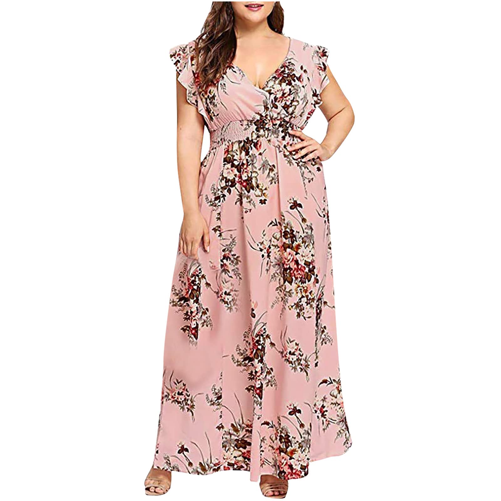 NUSGEAR 2022 Vestidos Largo para Mujer,Moda Tallas Grandes Fiesta Vestido sin Manga Elegante Cuello en v Vestido de Noche Flores impresión Verano Casual Vestidos Sexy Volante Vestido sin Manga