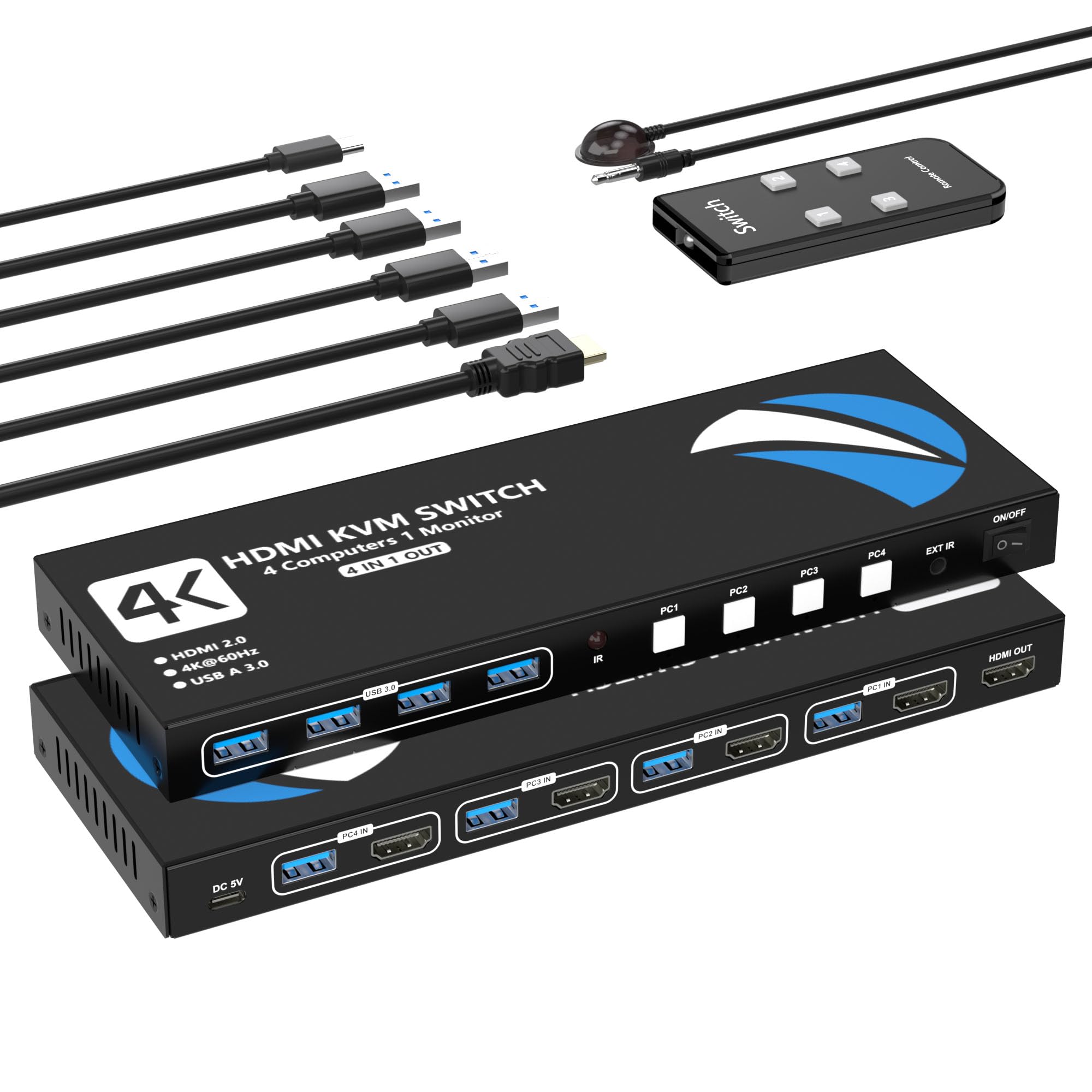 KVM Switch 4 Computers 1 Monitors, 4K@60Hz HDMI USB3.0 KVM Switcher for 4 Computers Share 1 Monitor and 4 USB Device Keyboard Mouse Printer, KVM Switches with IR Remote Control and 4 USB3.0 Cable-image-22