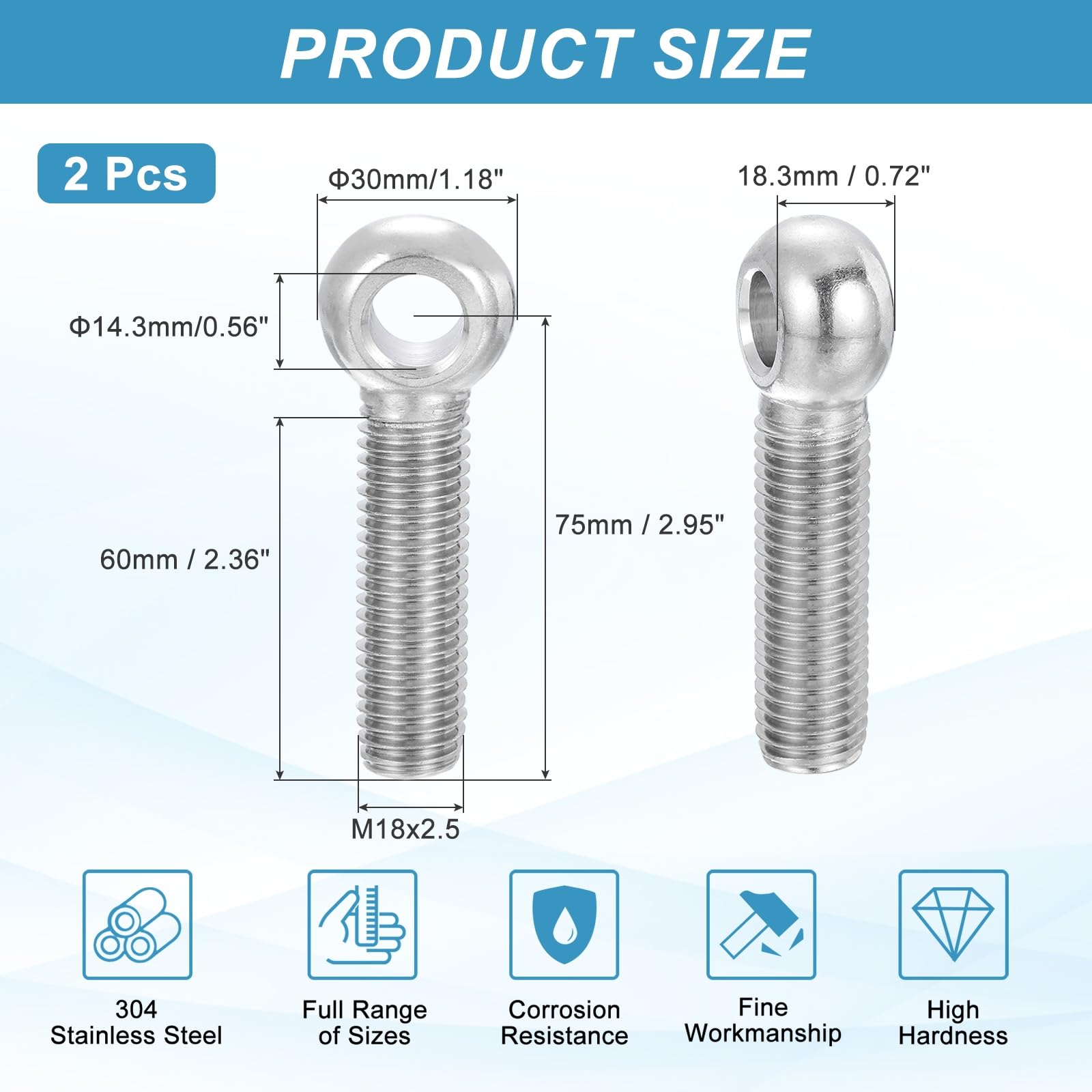 PATIKIL 2 Pcs M18x75mm Shoulder Swing Lifting Eye Bolt - Image 2