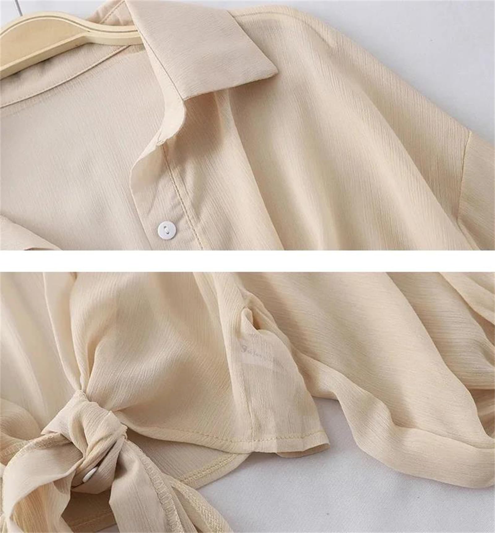 Genérico Blusa Informal Holgada de Gasa con Botones Delanteros para Mujer, Cuello Vuelto, Manga Corta, Detalle Calado y Cintura Anudada (Talla Mediana)
