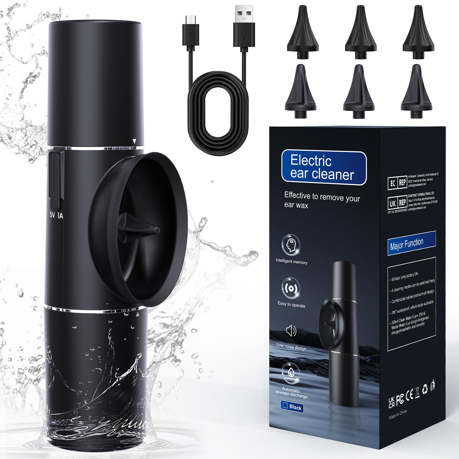 Ohrenreiniger Ohrenschmalz Entferner Elektrisch Ohrendusche für Erwachsene, Einteilige Konstruktion IPX7 Wasserfest Ohrenspülung Ohrenreinigung, Einhandbedienung Ohren Reinigung Ohrspülgerät