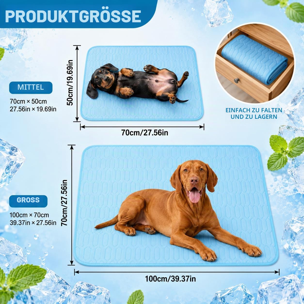 JIEBAO Kühlmatte Hunde, 100 * 70cm Selbst Kühlende Matte für Hunde Katzen, Waschbar Kühlmatte Hund, Kühlkissen Hundematten für Sommer Unterwegs Zuhause oder im Auto (L)