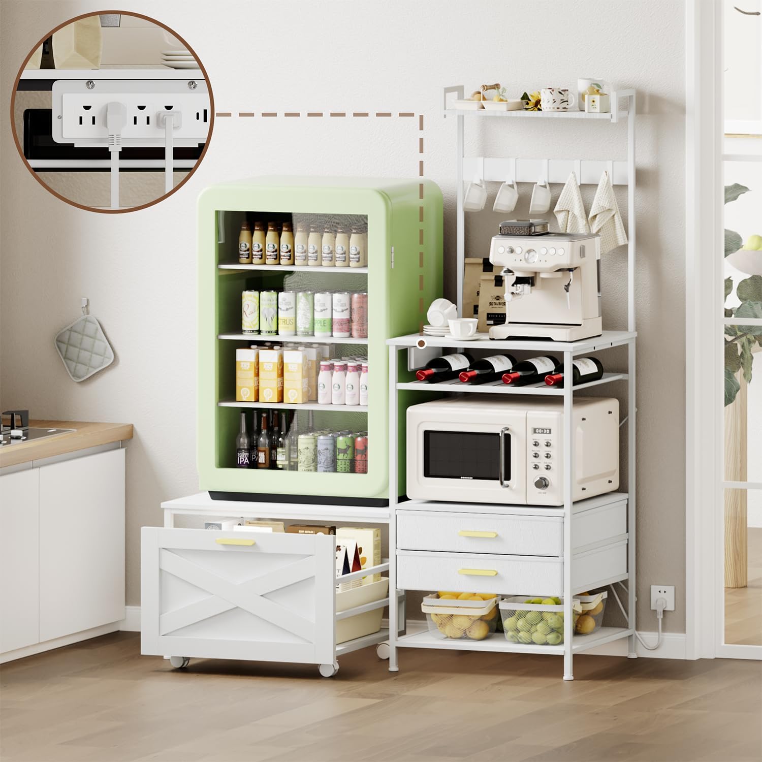 Mini Fridge Stand with Microwave Shelf, Farmhouse Mini Fridge Stand with Wine Rack & Power Outlet, Kitchen Bakers Rack with Shelf and Drawers for Home Dorm Office Bar, White Large