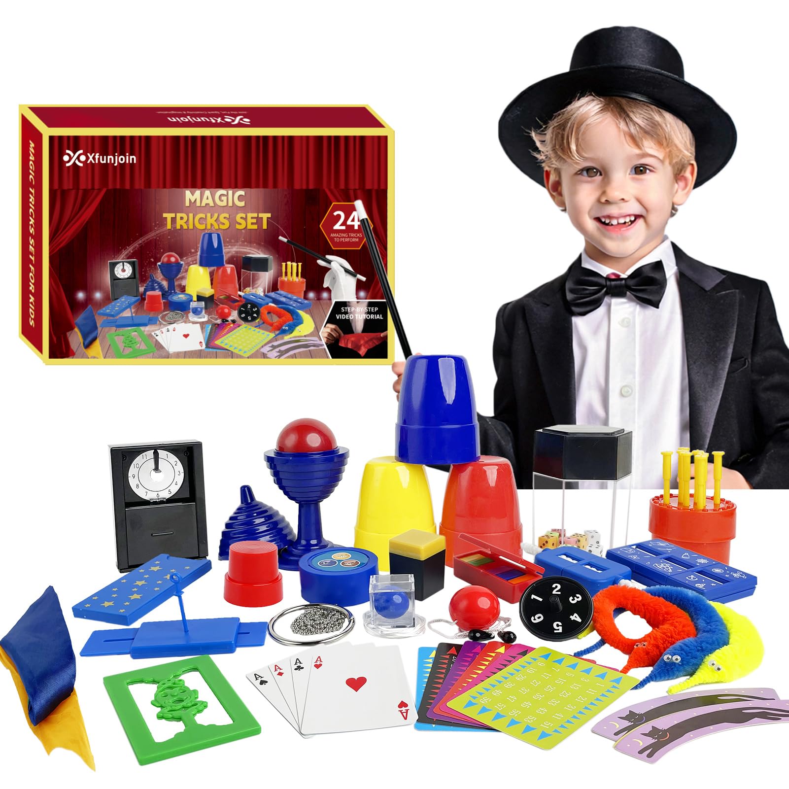 Magic Kit for Kids - 24 Easy Magic Tricks Set with Tutorial Video, Magic Wand, Card Tricks, Prediction Magic - Perfect Beginner Magician Props for Ages 6+, Ideal Gift for Christmas Birthday