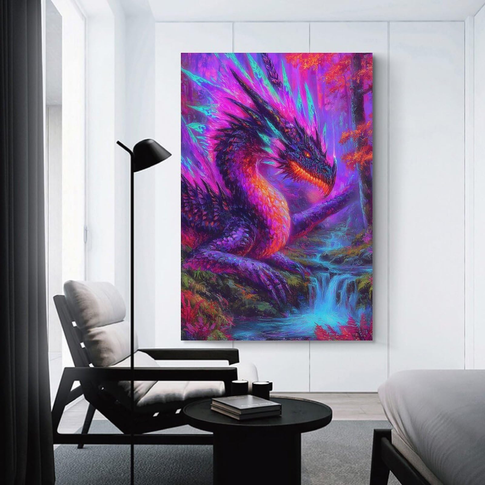 Junmoney Unframe-Vibrant Dragon In Fantasy Forest Wall Decor Canvas Print Vibrant Dragon In Fantasy Forest, 12X18inch(30X45cm), For Bedroom, Lounge Or Dressing Area, Stylish Decor For A Restful Room Update