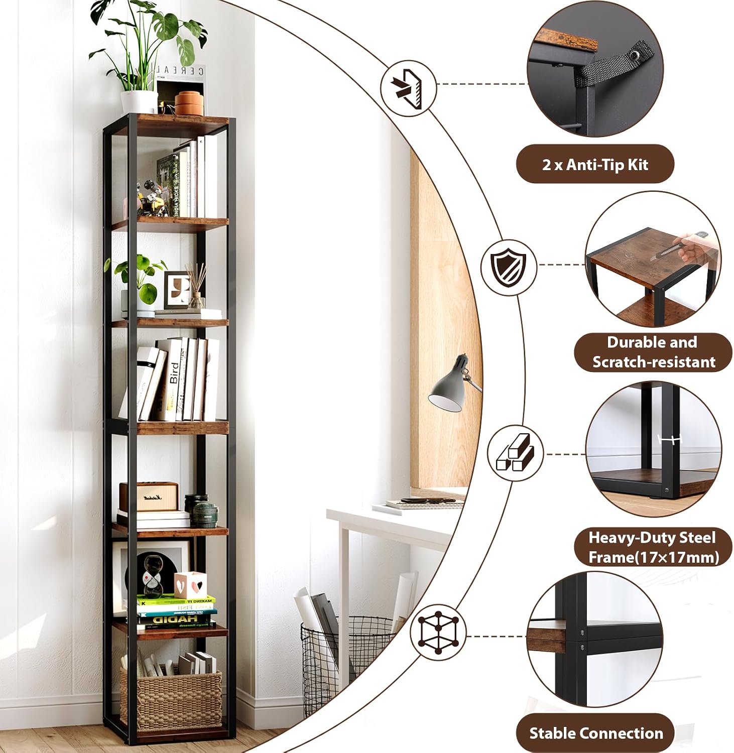 Narrow Bookshelf, 7 Tier Tall Bookshelves with Adjustable Shelves, DIY Stackable Bookshelf, Shelf Storage Organizer for Small Space, Living Room, Office, Study, Entryway, Industrial, Rustic Brown
