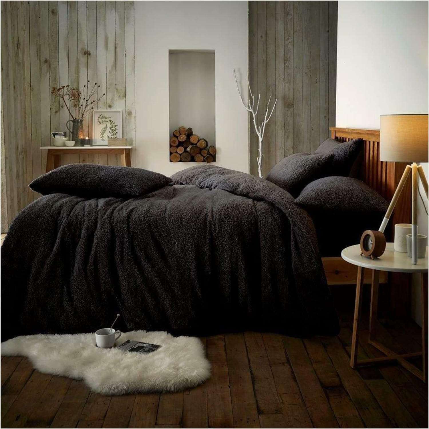 Lions Teddy Bear Bedding Set - Fluffy Thermal Warm Cosy Teddy Fleece Bedding with Pillowcase, Sherpa Quilt Covers, Charcoal, King Size, 230x220cm