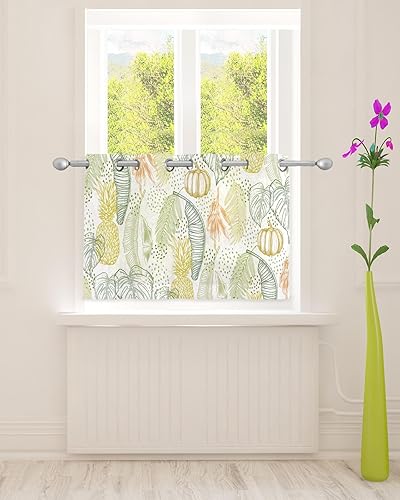 Monstera Leaf Sheer Curtains 24 Inch Length Light Filtering Curtain Panel for Windows, Pumpkin Pineapple Polka Dots Hand-Painted Grommet Semi Sheer